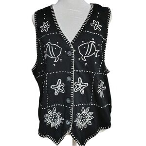 Vintage Suburbans Womens Vest X-Large Embroidered Black White Fish Flower Granny